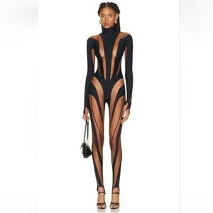 Mugler High Neck Catsuit in Black & Nude 01 Size 38 US 6 Mesh Long Sleeves